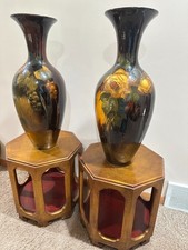 ANTIQUE LARGE PAIR OF WELLER LOUWELSA VASES WITH MATCHING WOOD STANDS SIGNED. picture