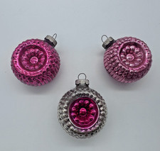 3 Vintage Shiny Brite Double Indent Bumpy Glass Christmas Ornaments Fuchsia Pink picture
