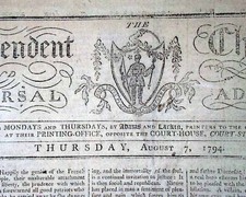 Nice 18TH CENTURY American Boston w / Nice Masthead Engraving 1794 Newspaper   picture