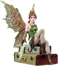 Ebros Steampunk Burlesque Traveler Fairy Sitting on Suitcases Figurine 9