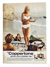 Coppertone Suntan Lotion 1968 Print Ad Beautiful Blonde White Bikini Victrola picture