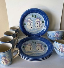 Alco Snowman Winter Christmas 12 Piece Dinnerware Set Cobalt And Light Blue picture