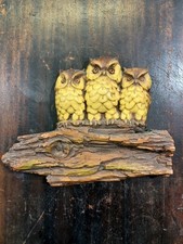 Vintage 1970s Chalkware Owl Family Wall Plaque Plaster Retro MCM Hand Paint Log picture