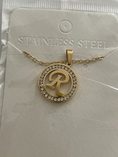 Initial R Pendant Necklace Gold Tone Rhinestone Necklace picture