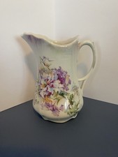Vinatge Woolley White Porcelain Pitcher Fluted Neck Purple Floral Handpainted picture