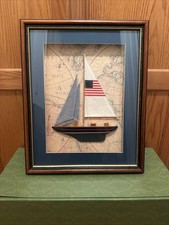 Nautical Shadow Box Art Sailboat 3D Framed Maritime Map Wood Model Ship USA Flag picture