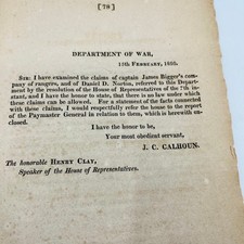 RARE 1820 Report of the Secretary of War Memo John C Calhoun to Henry Clay L2-3 picture