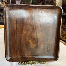 Square Solid Walnut Serving Tray Monogrammed W/ Gothic Letter 12”  Historical? picture