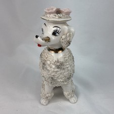 Vintage White Spaghetti Poodle Dog Figurine w/ White Hat Pink Flowers Ceramic picture