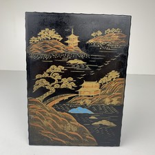 Vintage Japan Lacquer Trinket Jewelry Box P. Shine Co. Black Gold Blue picture