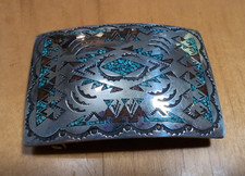 Vintage Navajo Sterling Silver Inlaid Turquoise Coral Belt Buckle Signed Nakai picture