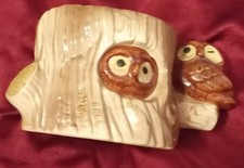 Vtg. Enesco Ceramic Owl Owlet Tree Stump Flower Planter 70's 7x3.5x4.5