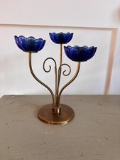 Vtg Gunnar Ander Sweden Brass Tri-candlestick holder with cobalt glass flowers picture