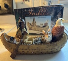 Vintage American Indian In Canoe Resin Figurine With Dog and Bald Eagle picture