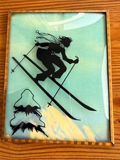 Antique Silhouette Picture Winter Scene Skiing Skier Copper Frame 1940s picture