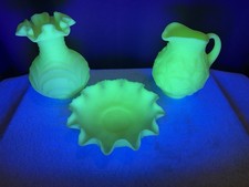 Vaseline Topaz Opalescent Hobnail Lot Of 3 Uranium Cruet & Two Vases picture