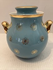 VINTAGE HALL'S SUPERIOR QUALITY KITCHENWARE COOKIE JAR BLUE/AQUA GOLD DAISIES picture