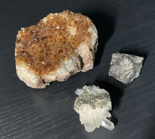 Vintage Natural Crystal Mineral Specimen Lot - 3pc Citrine Pyrite Quartz Craft. picture