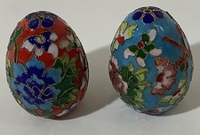 Cloisonné Eggs ~ 2 Enameled With Gold Bordering Red & Blue Decoration Vintage picture