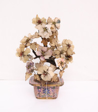 Vintage Cloisonné Potted Jade & Gemstone Flower Tree Decor LARGE 13.5