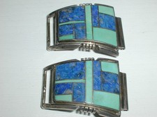 RAY DELGARITO LARGE STERLING SILVER INLAID TURQUOISE LAPIS LARGE WATCH BAND TIPS picture