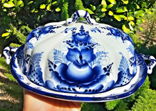 VTG Gzhel Russian Porcelain Butter Dish Server Plate Holder Hand-Painted Stamped picture