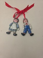 Vintage Hand Painted Ceramic Raggedy Ann & Andy Christmas Ornament Pair 4