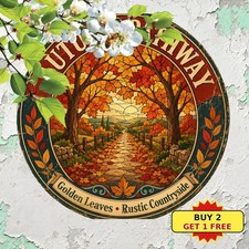 Autumn Tree Pathway Vibrant Leaves Style Round Metal Tin Sign Decor picture