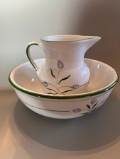 Vintage Italian Hand Painted Pitcher & Wash Basin Bowl Set Blue Floral Green Rim picture