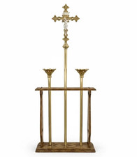 Brass & Silver Processional Cross & Pair of Acolyte Candlesticks w/ Wood Stand picture