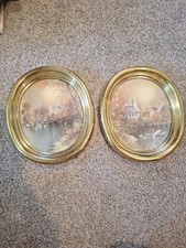 Vintage Homco Oval Gold Framed Wall Art Set of 2 Autumn Church Landscape Swans picture