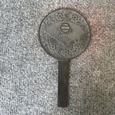 Antique Japanese Bronze E-Kagami Hand Mirror Fan Floral Design 8” Vintage picture