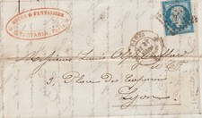 1860 France Letter D. Tartarin Silk Trade Paris to Lyon 20c Blue Stamp Cachet picture