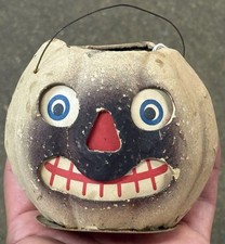 Original 3” German Pressed Paper Halloween White Pumpkin Ghost Lantern Rare JOL picture