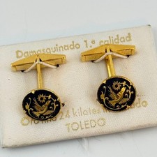 Vtg Antonio Garcia Escobar Damascene Cufflinks Toledo Gold Plated Inlay Bird picture
