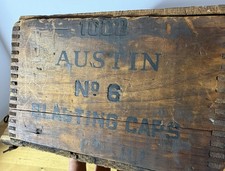 Antique AUSTIN Blasting Caps Explosives Dynamite Box Wood Crate Powder picture