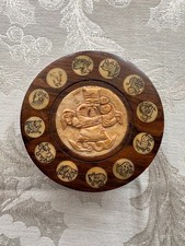 Vintage Chinese Feng Shui Luopan Compass Wood Box Zodiac Animals Inlay Carved picture