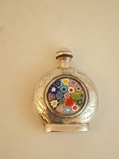 Vintage 60s millefiori glass & stelring silver perfume bottle signed 1 7/8