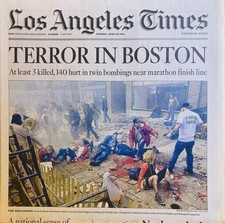 Boston Marathon Bombings Newspaper Los Angeles Times April 16th 2013 Terrorists picture