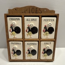 Spice Rack Vintage MCM 1950's Ceramic and Wood Roosters 6 Shakers picture