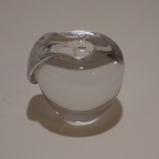 Crystal Glass Apple Paperweight Clear Glass Stem Leaf 3 inch picture