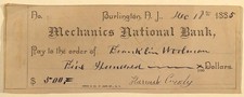 1885 Burlington New Jersey Mechanics National Bank Cancelled Check $500 BK4-m picture