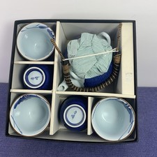 Japanese Ceramic Tea Set Cobalt Blue Ribbed Teapot 5 Teacups Woven Handle Boxed picture