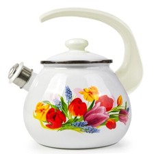 2.7 qt Novomoskovsk Tulip Enamel Kettle with Whistle Vintage Enameled Teapot picture