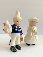 Vintage Dutch Boy Holding A Rooster & Girl Ceramic Figurines Blue & White Signed picture