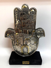 H Karshi 925 Silver Plated Jerusalem Hamsa Sculpture Gold Accents Heavy picture