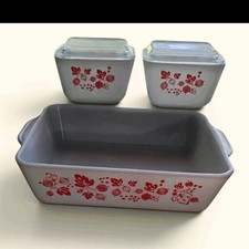Vintage Pyrex PINK GOOSEBERRY Set - Loaf Pan - 2 Refrigerator Dishes w Lids RARE picture