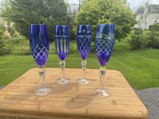 VTG Cobalt Blue Cut to Clear Champagne Flutes Czech Bohemian Art Glass Set of 4 picture