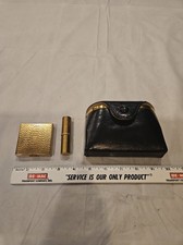 Vtg 1950s Gold Tone Textured Powder Compact Lipstick Holder & Black Leather... picture