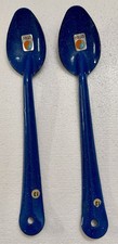 Vintage Cinsa Enamelware Blue Speckled Serving Spoons 2 Pc Mexico Large 13.5” picture